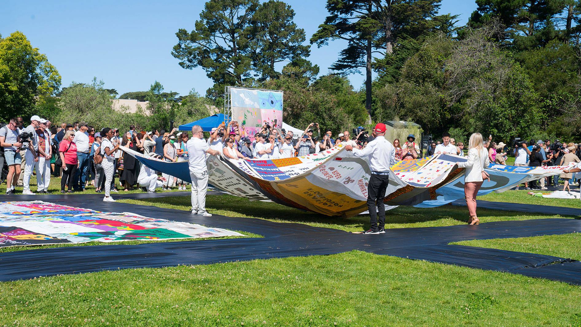 Photo of the AIDS Quilt panels on display in Golden Gate Park, San Francisco